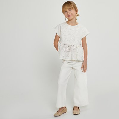 Cotton Broderie Anglaise Blouse with Ruffled Peplum and Short Sleeves LA REDOUTE COLLECTIONS