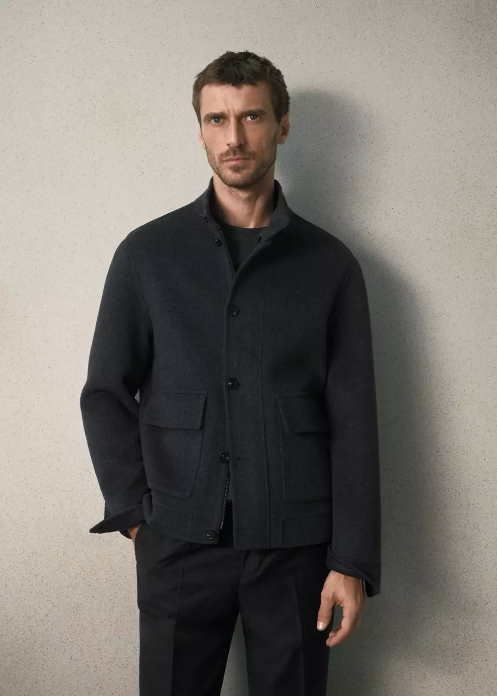 Veste en mélange laine-cachemire à col montant avec bandeau, MANGO MAN