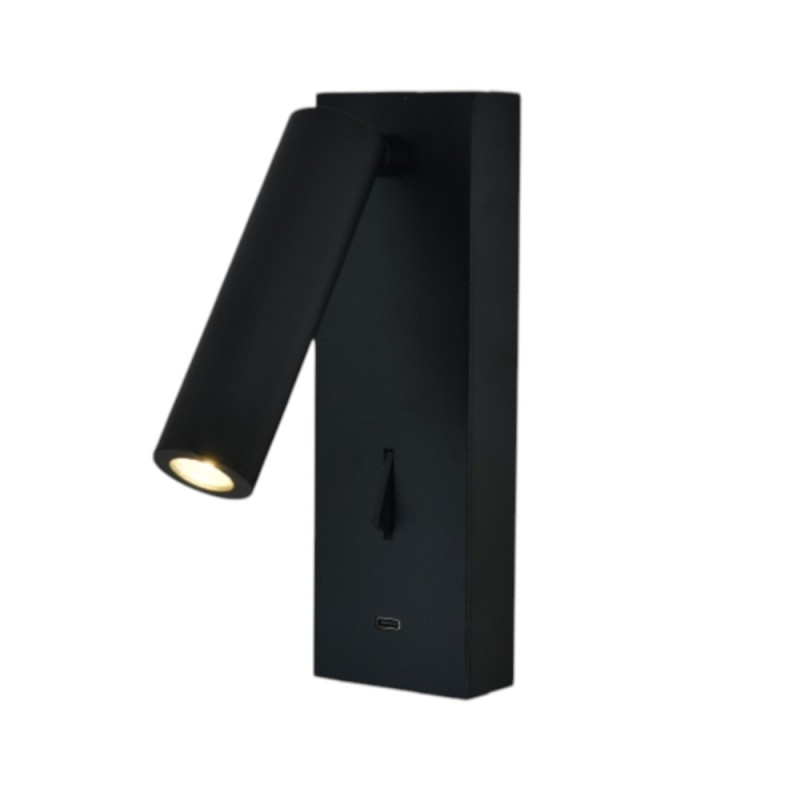 Applique liseuse avec interrupteur et USB C noir mat Tarifa, MILLUMINE