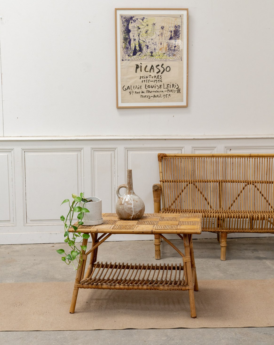 Table basse vintage en marqueterie de rotin Léonie N°1050 - Bon état, DEBONGOUT