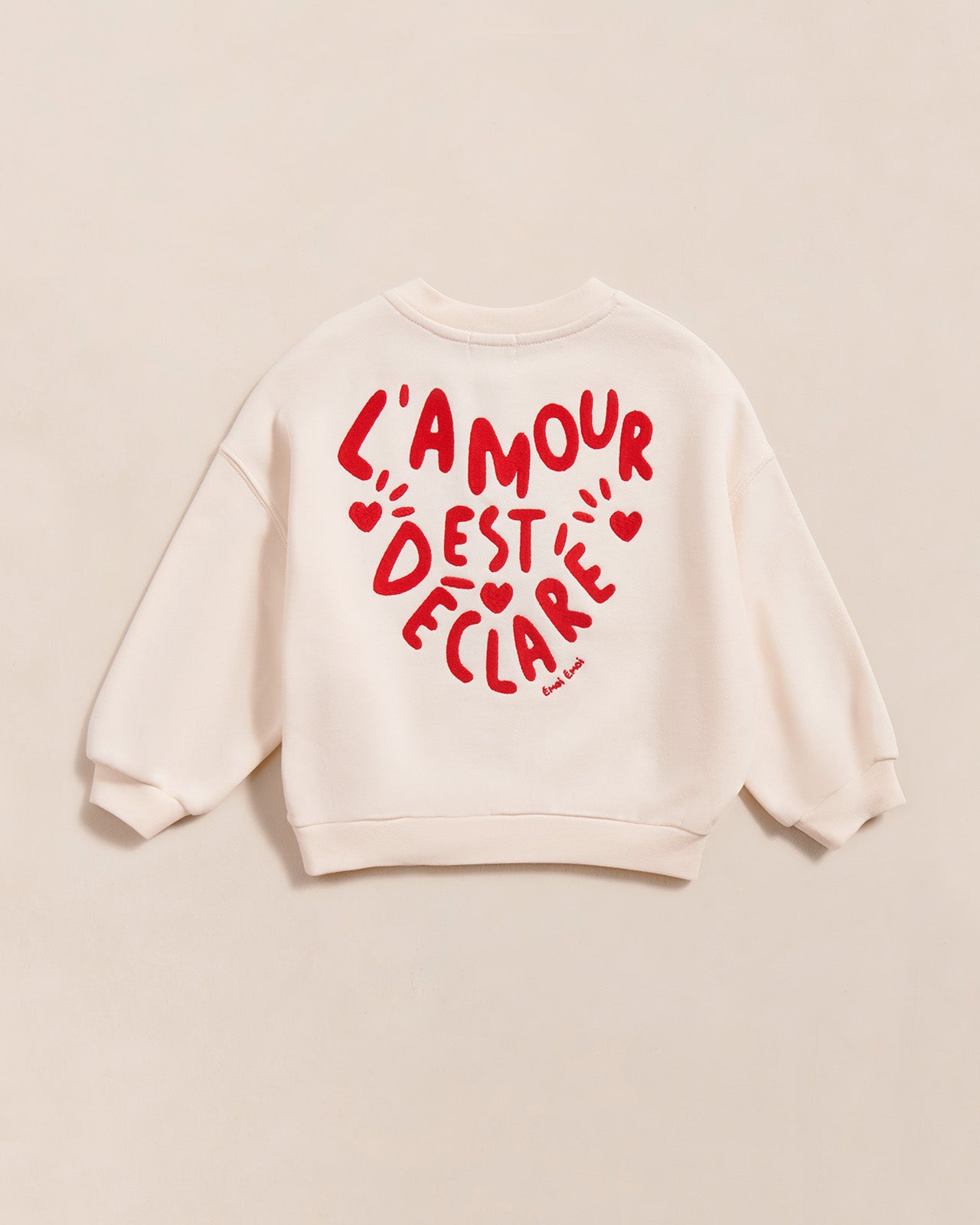 Sweat dos brodé en coton bio, L'AMOUR EST DÉCLARÉ, EMOI EMOI