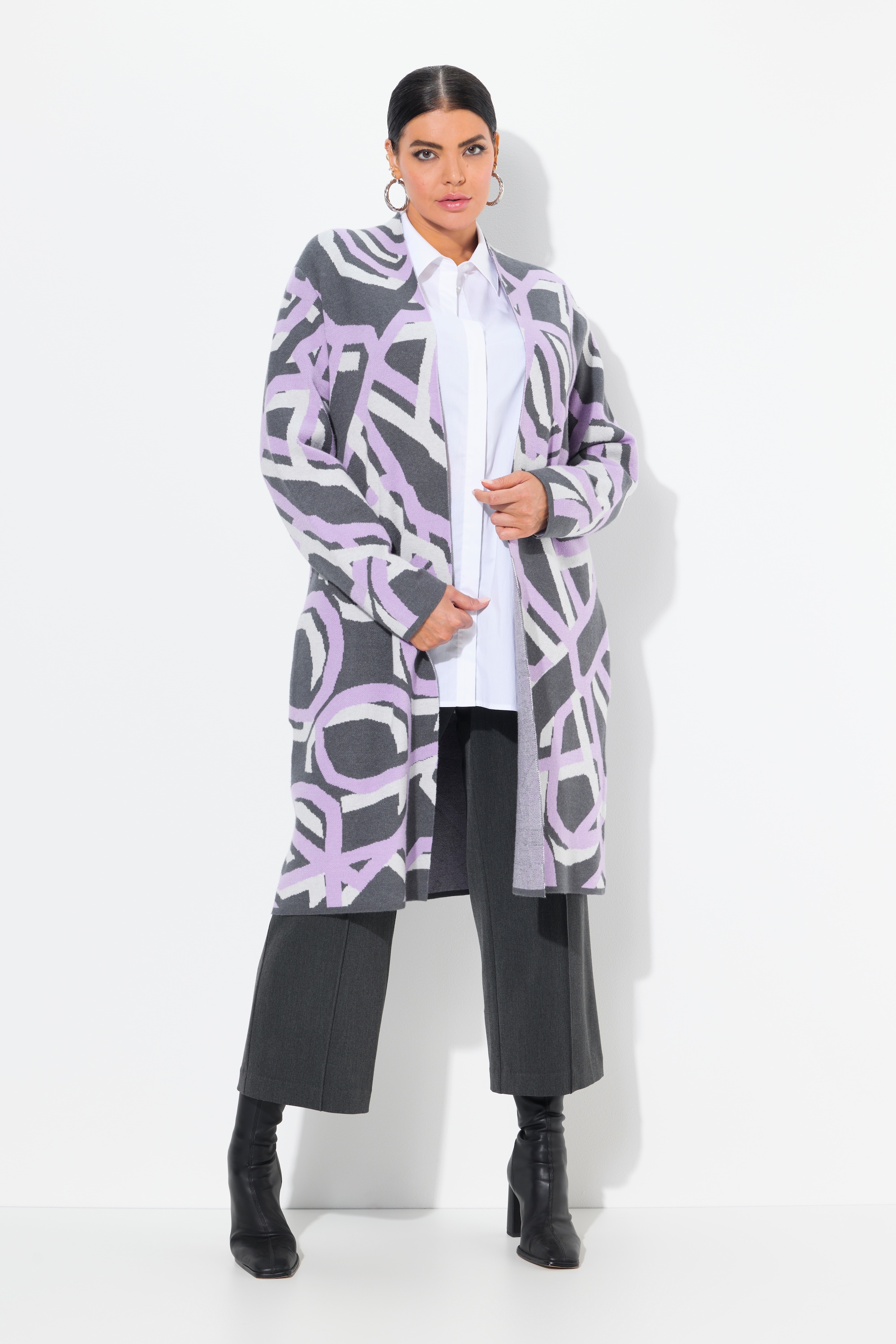 Cardigan long à col montant ouvert et motif, ULLA POPKEN
