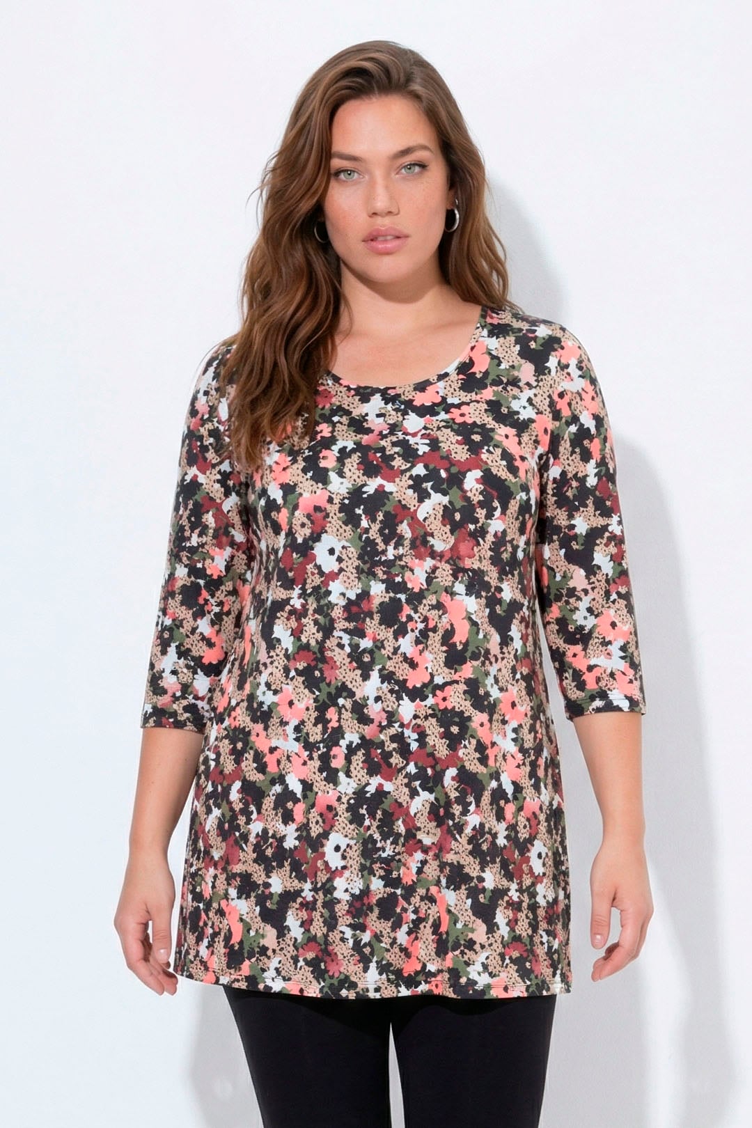 T-shirt long, fleurs, coupe en A, col rond, ULLA POPKEN
