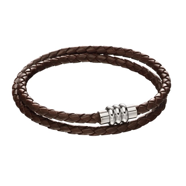 Brown Leather Woven Double Row Clasp Bracelet, brown, FRED BENNETT