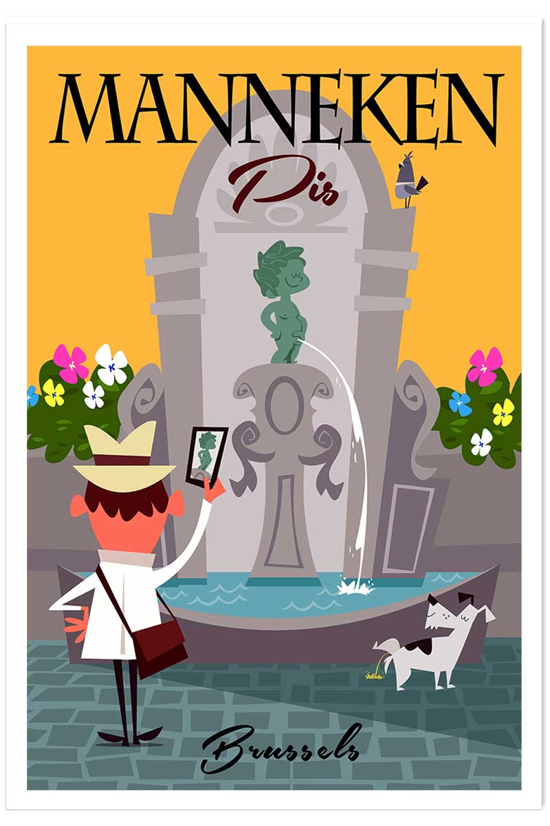 Poster retro manneken pis à bruxelles, HEXOA