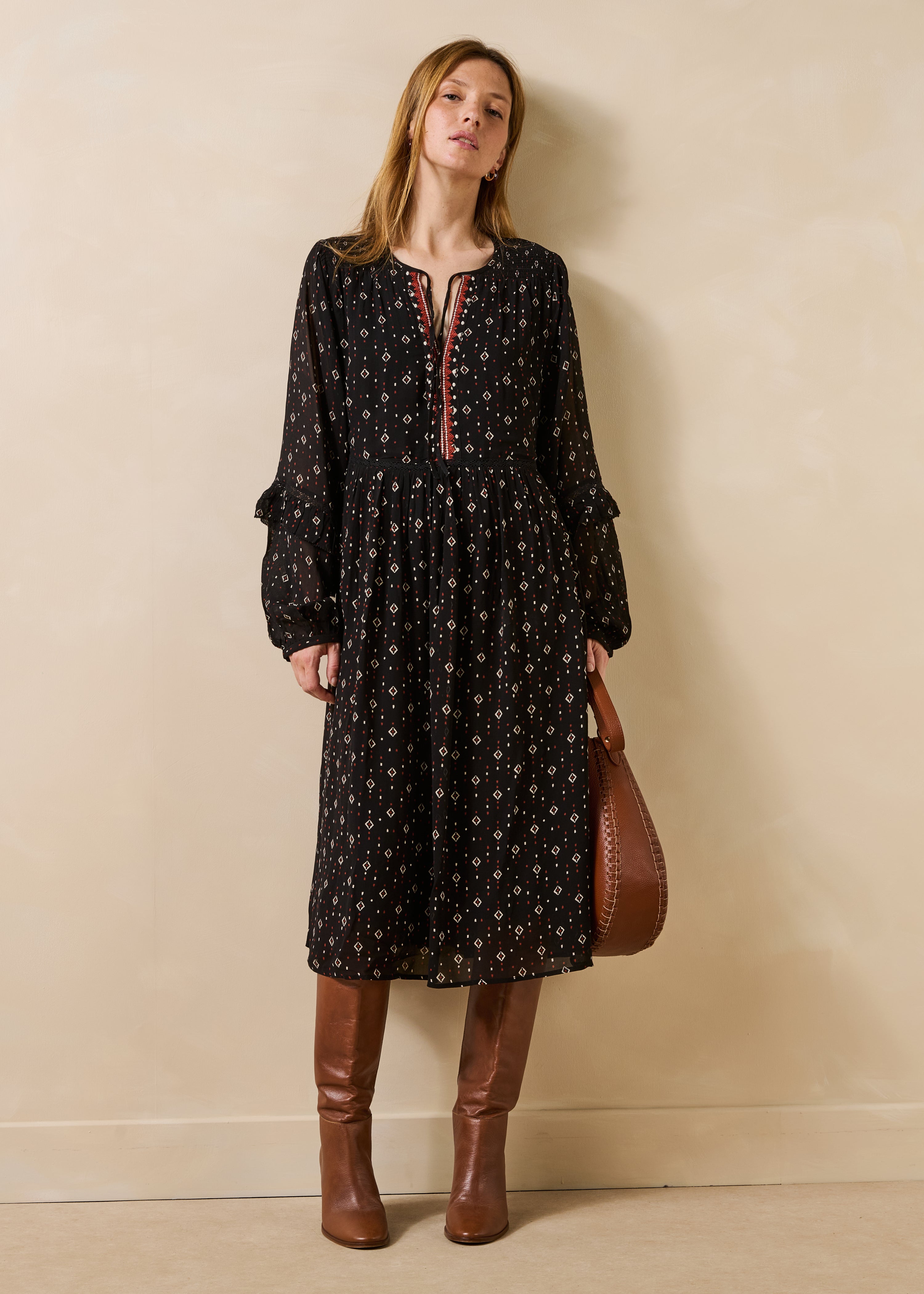 Robe midi en voile imprimé manches longues, LA FEE MARABOUTEE