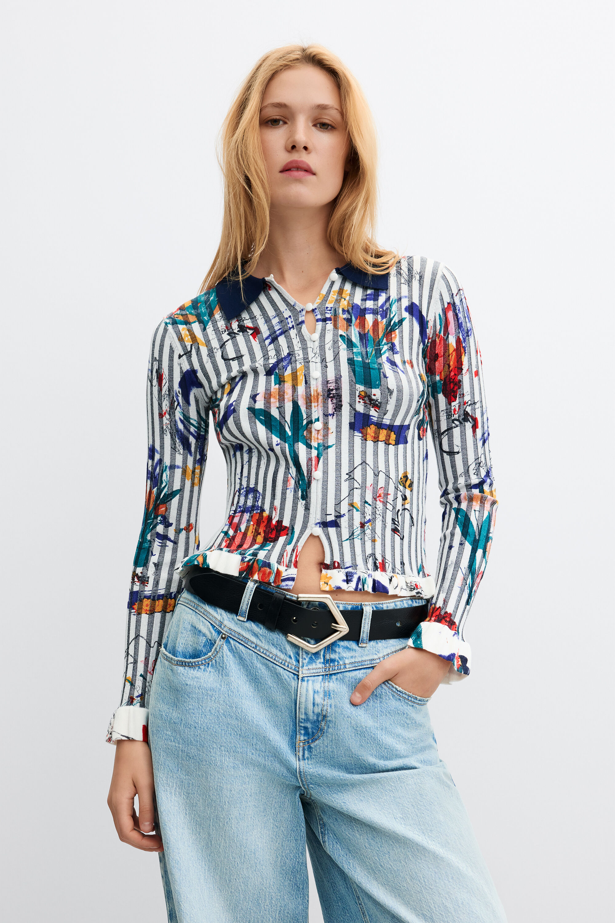 Pull fleuri col chemise, DESIGUAL