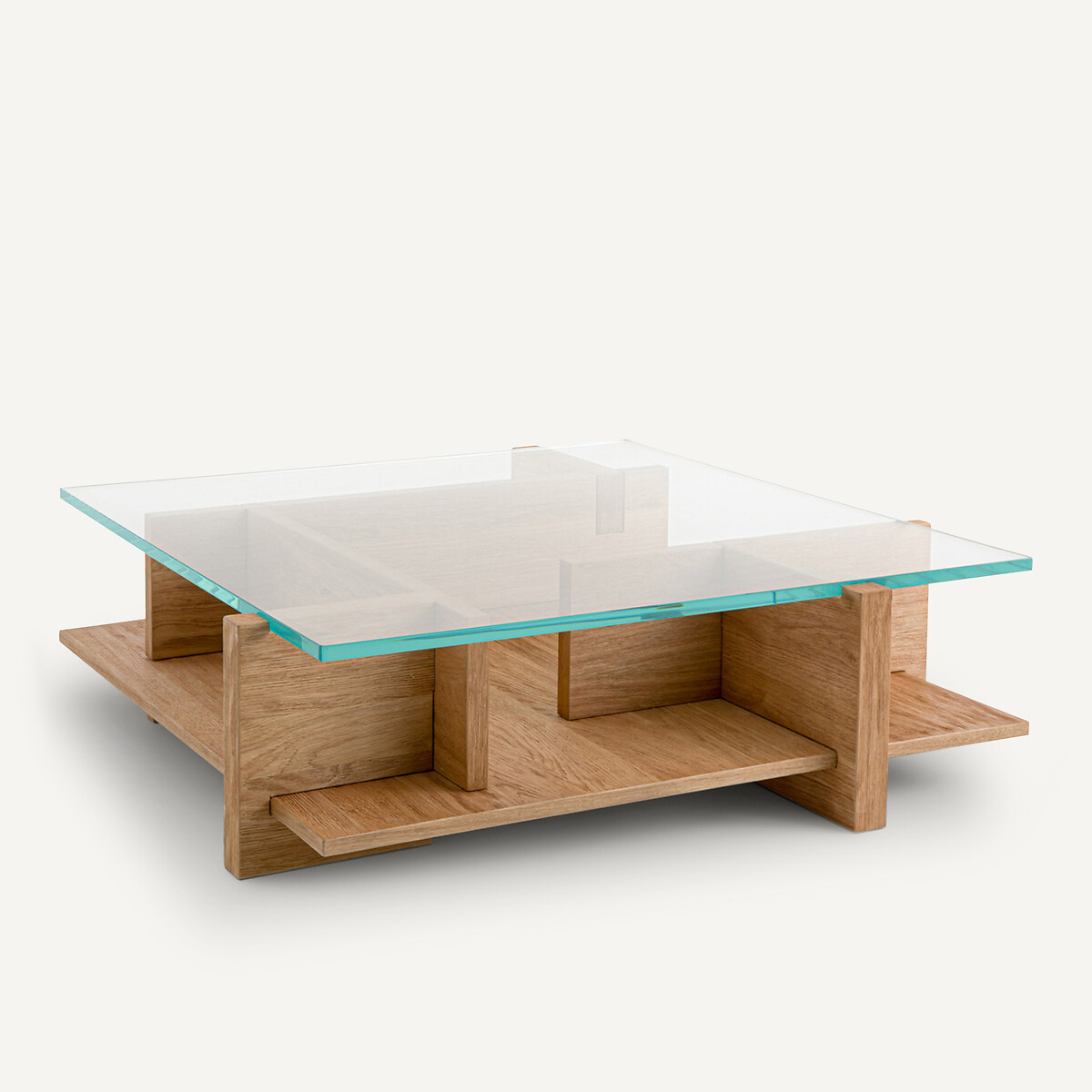 Table basse plaqué chêne sablé, verre trempé, Laby, AM.PM