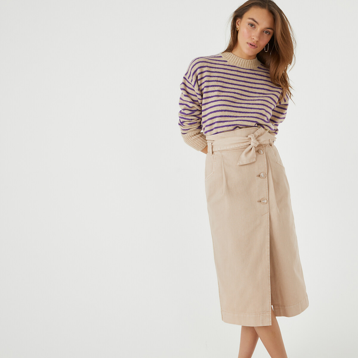 Cotton Buttoned Wrapover Skirt with Tie Waist