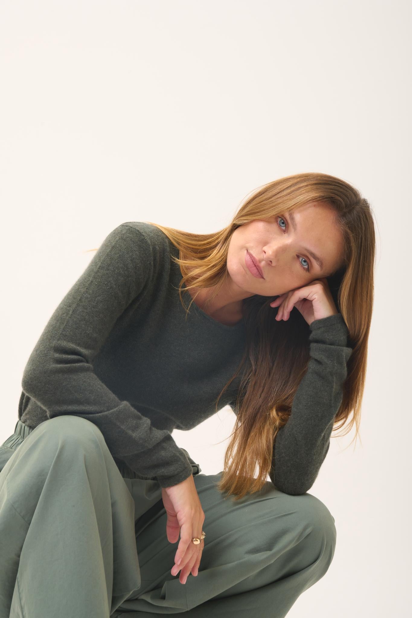 Pull Col Rond Kaki Chiné Vivian, JUST CASHMERE