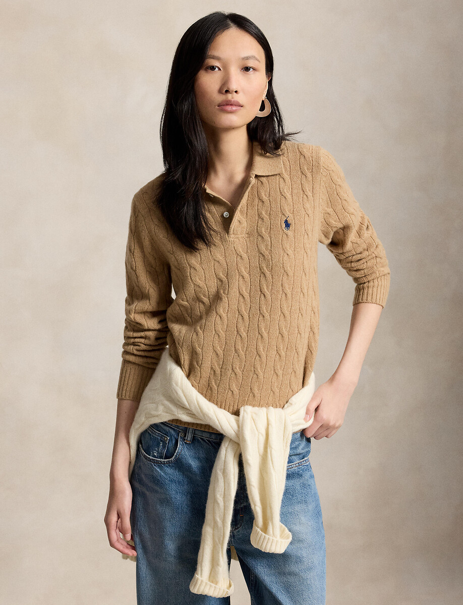 Pull col polo en maille torsadée, 80% laine 20% cachemire, POLO RALPH LAUREN