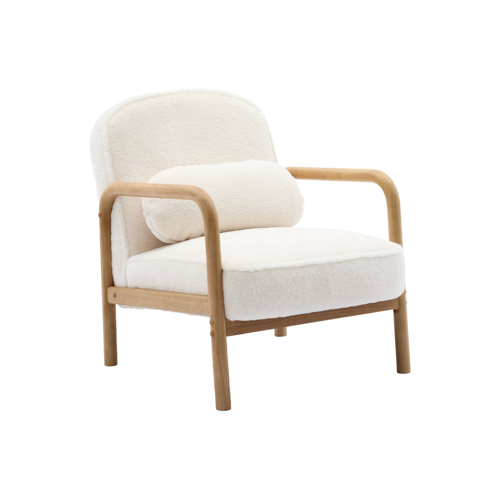 Fauteuil scandinave arrondi bois d'hévéa et tissu effet imitation fourrure AMELIE, SWEEEK