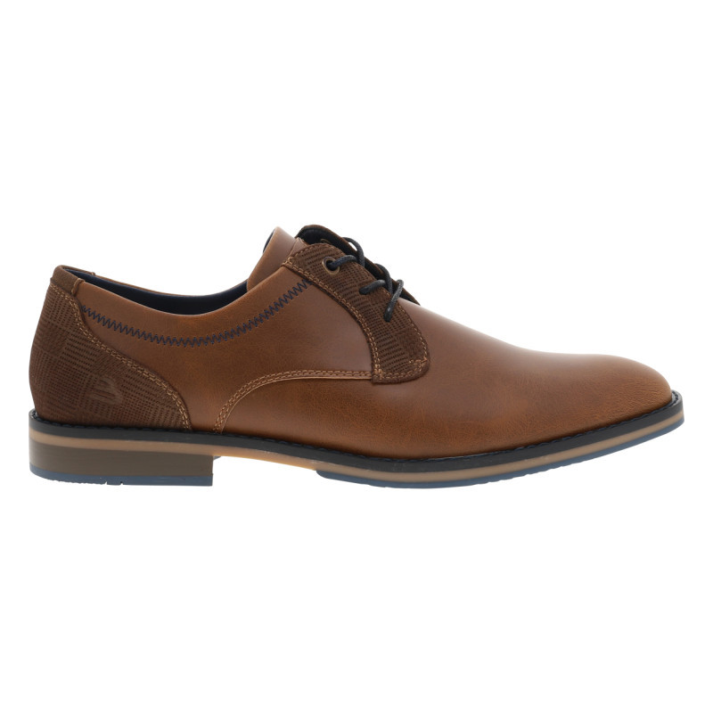 Derbies cognac à talon plat avec des lacets plats et des surpiqûres marine, BULLBOXER