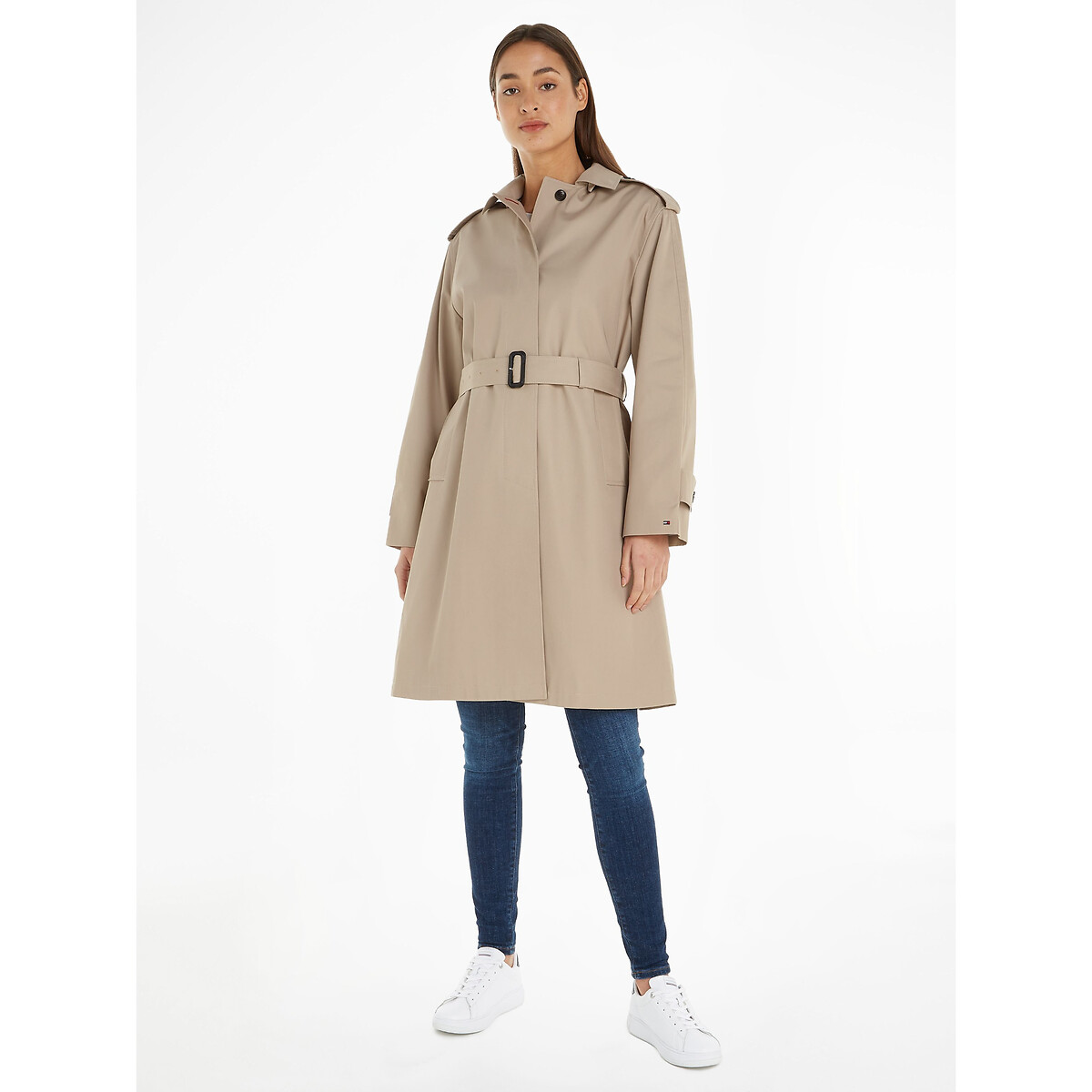Cotton Hooded Belted Trench Coat, Mid-Length