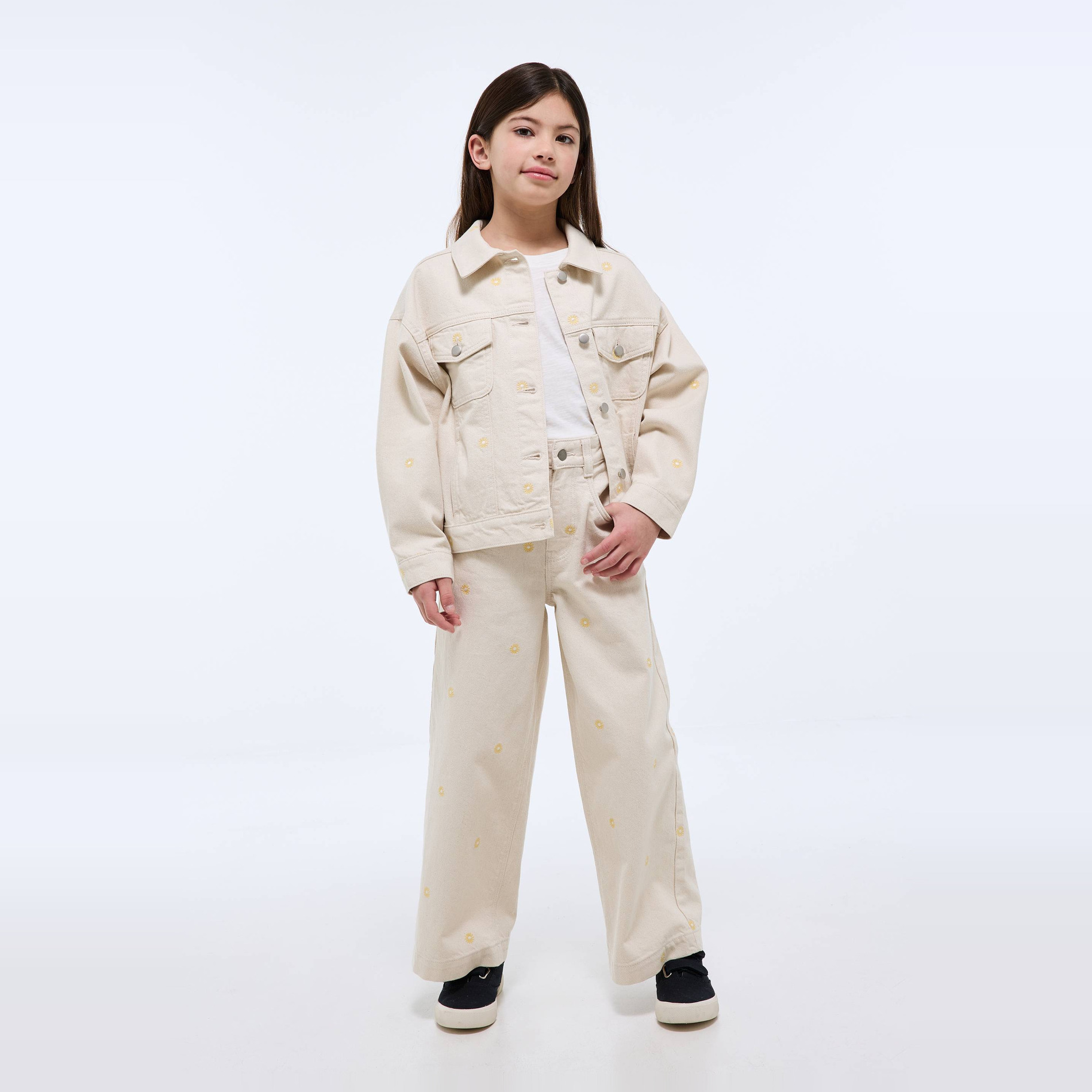 Pantalon large brodé en coton, MONOPRIX