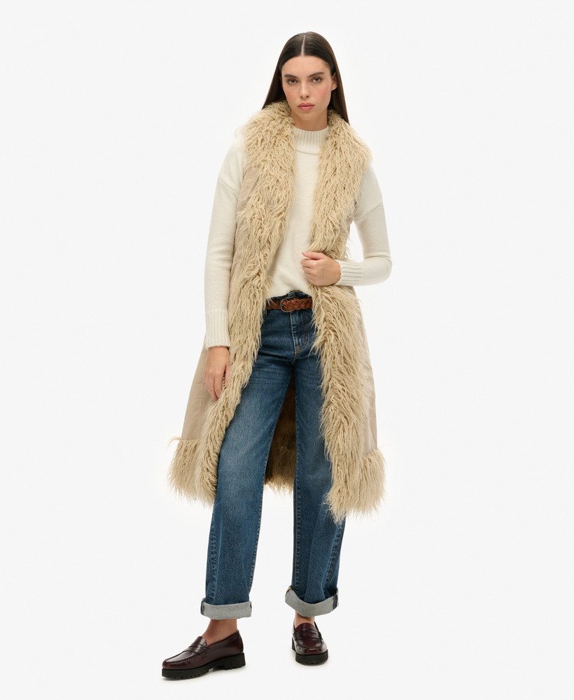 Gilet afghan long sans manches en imitation fourrure, SUPERDRY