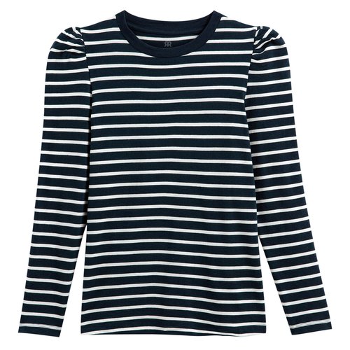 Organic cotton breton striped t-shirt with crew neck and puff sleeves navy  with white stripes La Redoute Collections | La Redoute