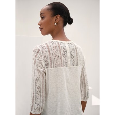 Cotton Collarless T-Shirt with Lace Sleeves ANNE WEYBURN