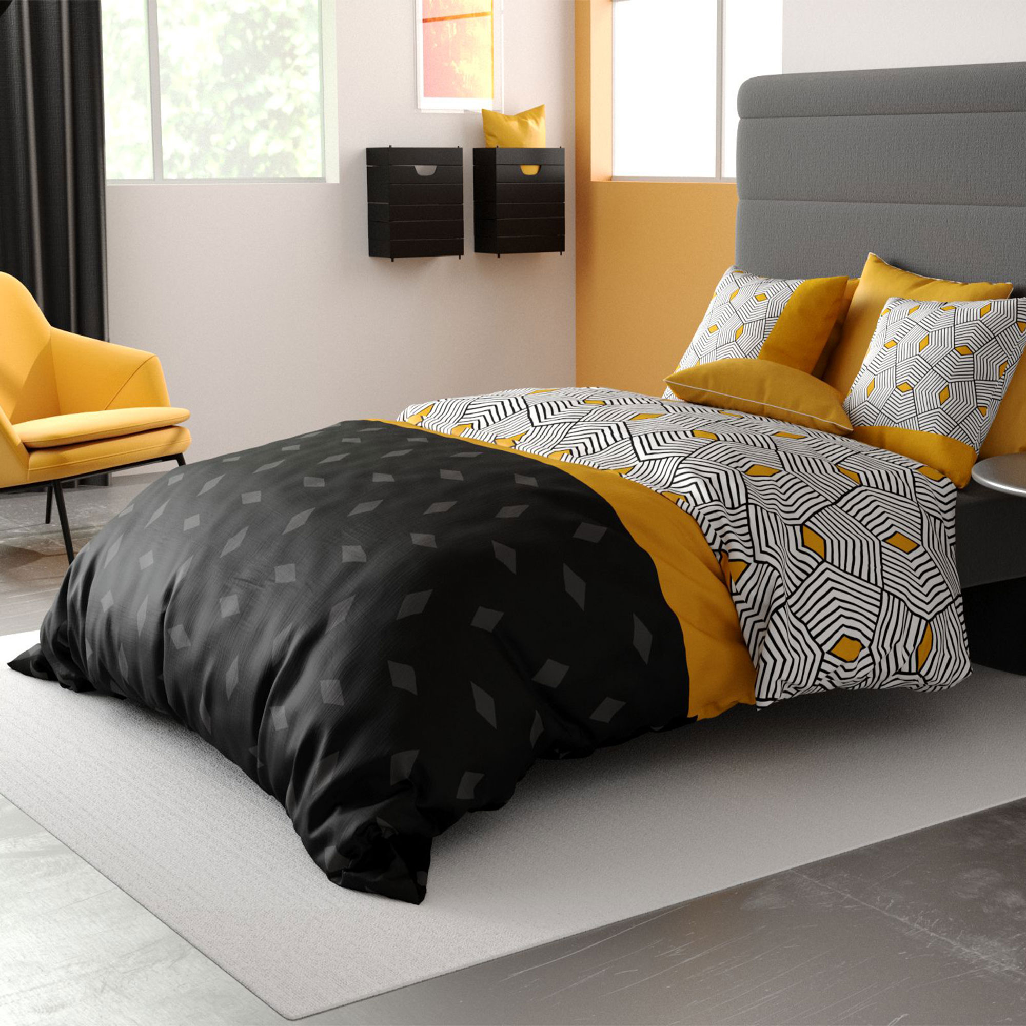Parure de lit en 100% coton à motifs avec housse de couette + taie d’oreiller, EDEN