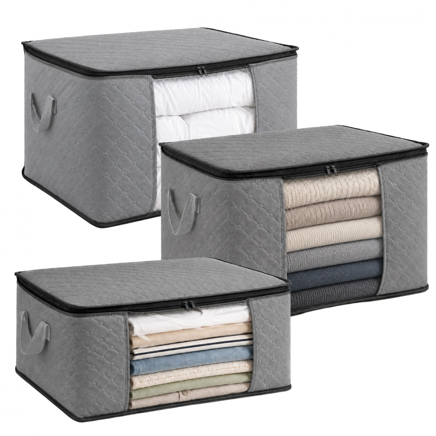 Lot de 3 sacs de rangement pliable pour vêtements, linge de maison avec poignées, VIVEZEN