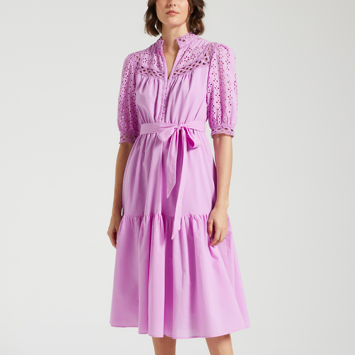 Image of Carla Broderie Anglaise Dress in Organic Cotton with 3/4 Length Sleeves