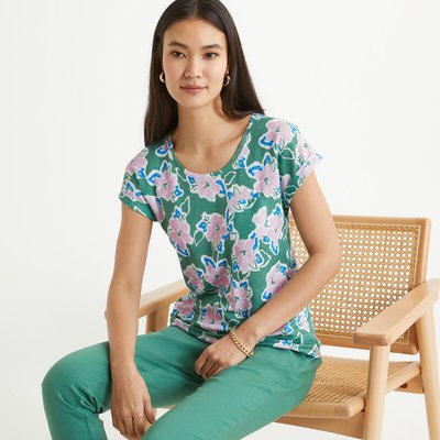 Floral Print Linen T-Shirt with Crew Neck and Short Sleeves ANNE WEYBURN
