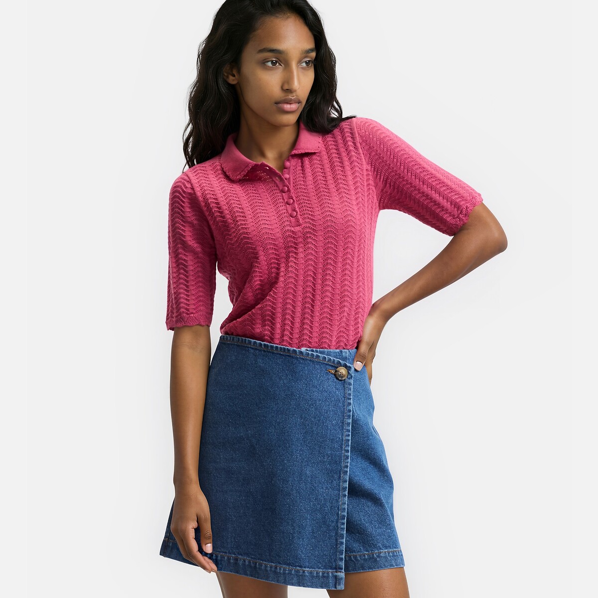 Pull col polo en coton, fine maille ajourée, LA REDOUTE COLLECTIONS