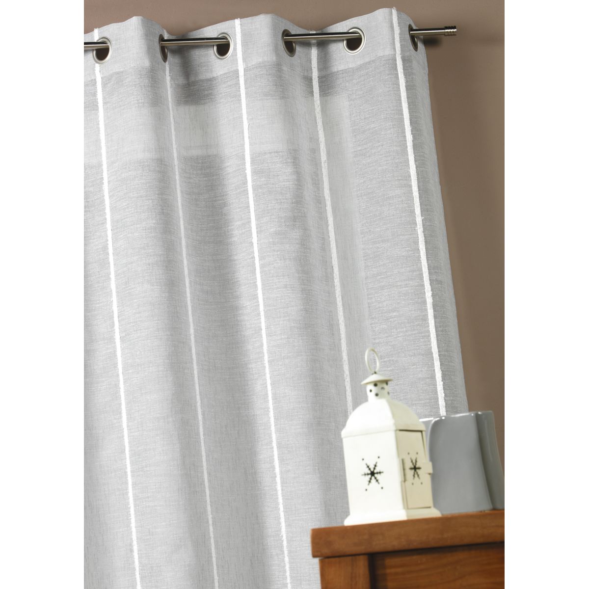 Voilage Neuf Blanc Rayé Gris Bleu En étamine IMAGINEA - 240x140 Cm - À Oeillets