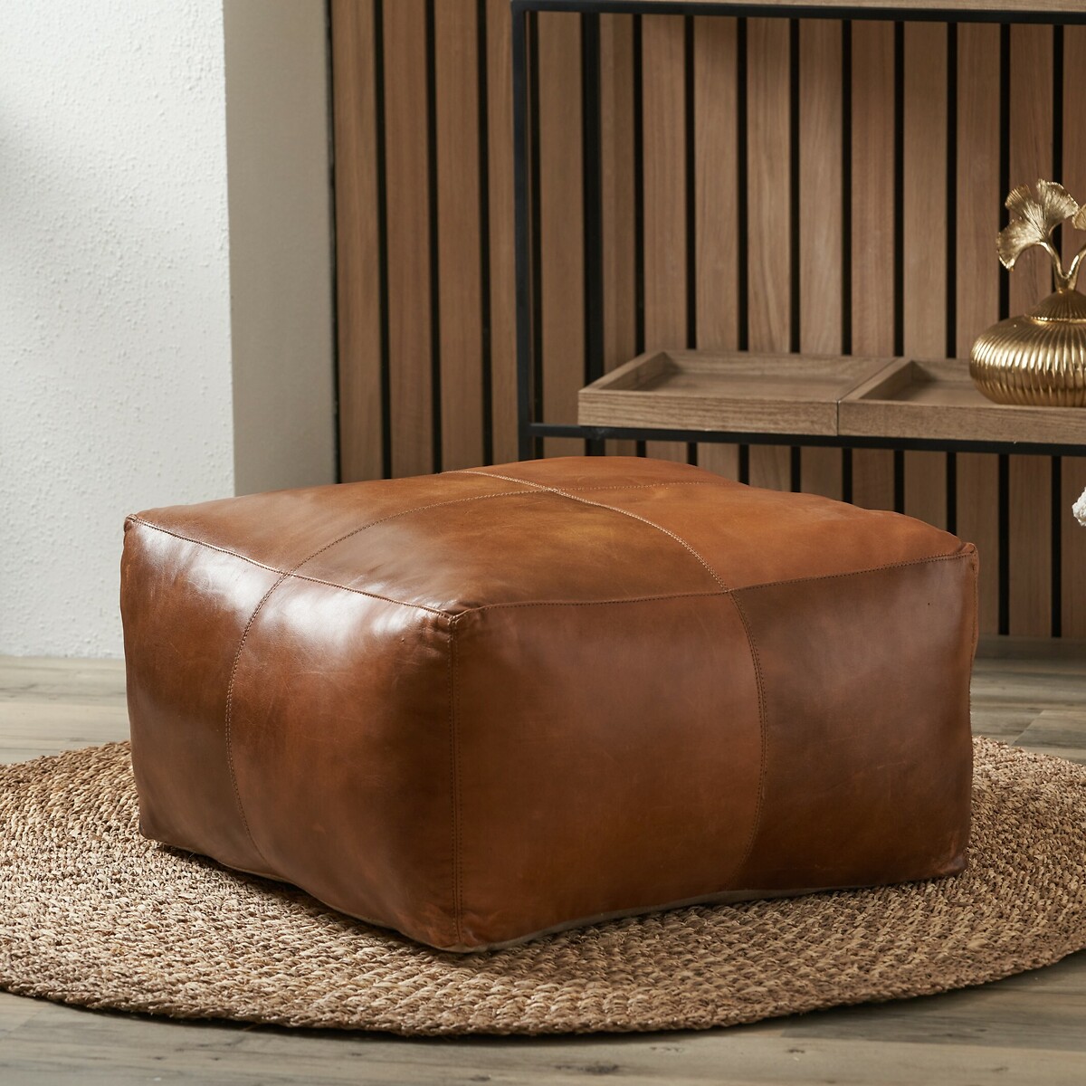 Natural Tan Leather Square Pouffe, ÉDITÉ