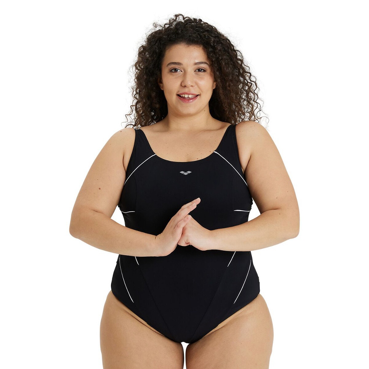 Maillot de bain 1 pièce gainant bonnet C, uni noir et détail argent, taille  36 à 52