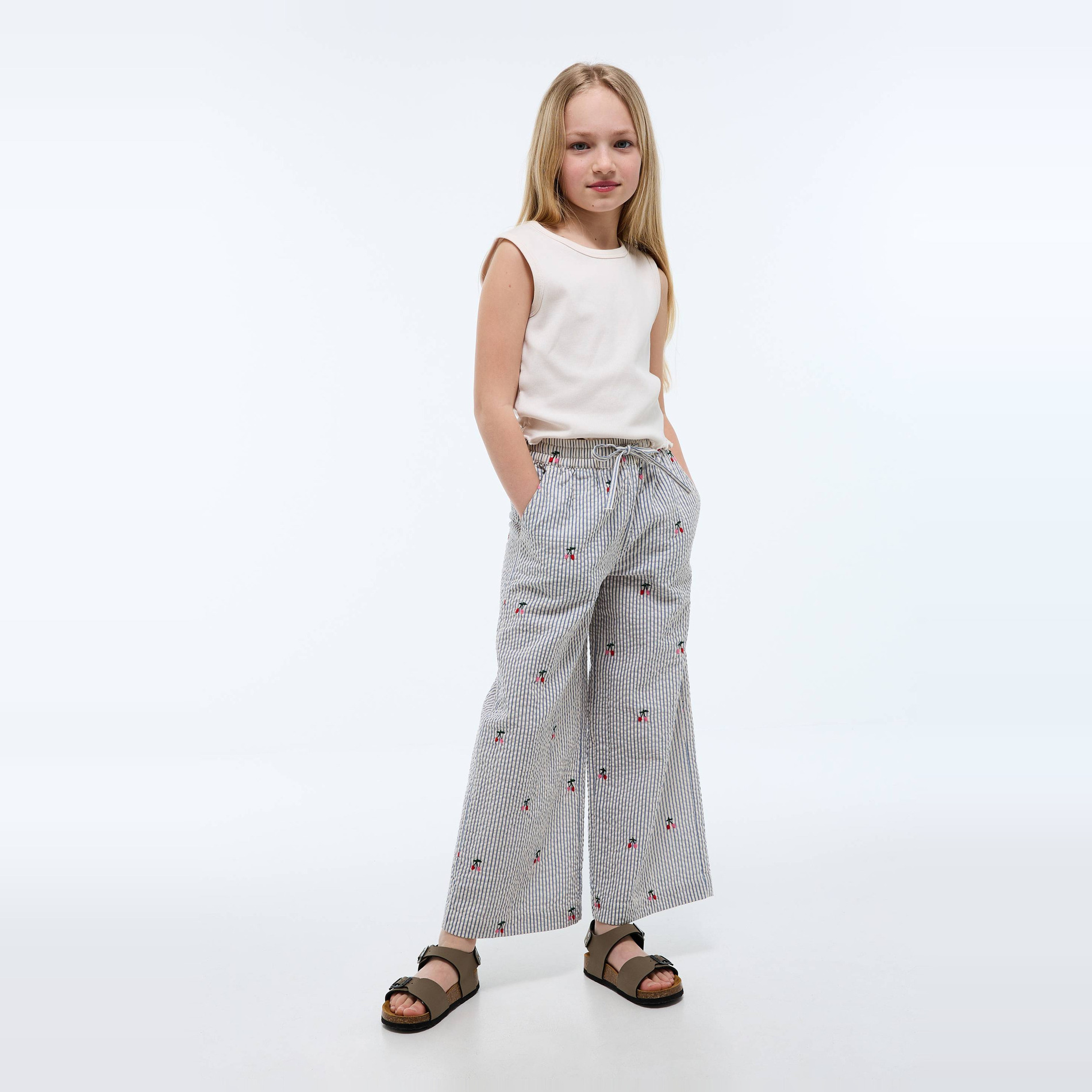 Pantalon taille élastiquée large brodé, MONOPRIX