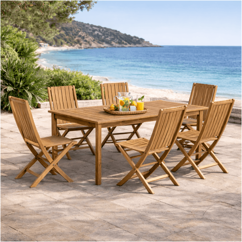 Ensemble table de jardin en teck Frida 200 et 6 chaises Helza, WANDA COLLECTION