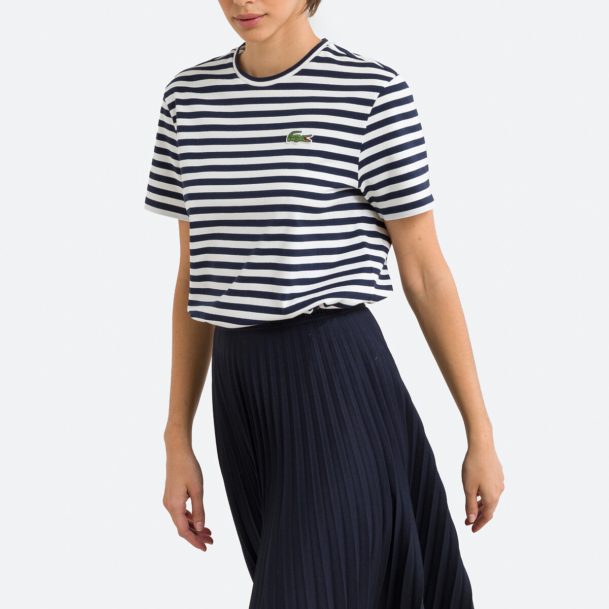 Image of Striped Cotton T-Shirt with Crew Neck and Short Sleeves