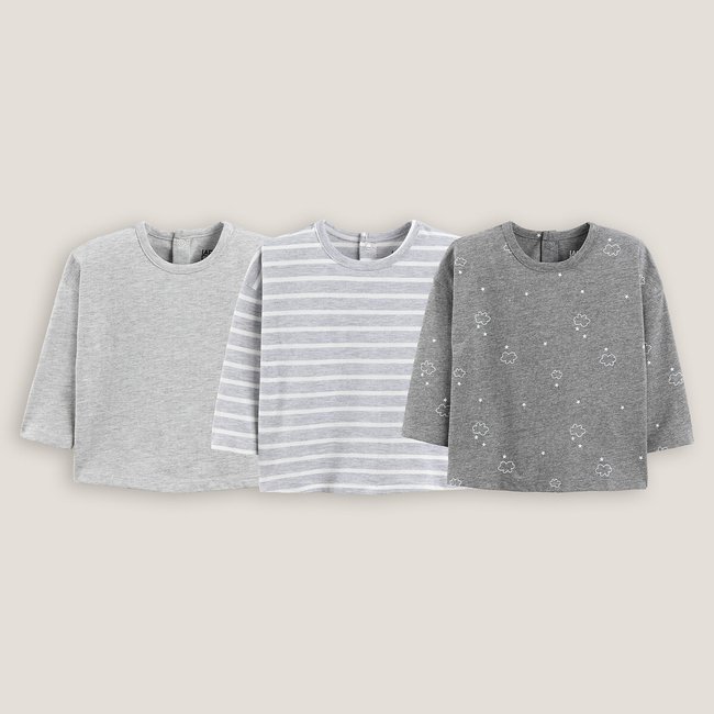 Confezione da 3 T-shirt maniche lunghe, tinta unita+righe+fantasia grigio chiné LA REDOUTE COLLECTIONS
