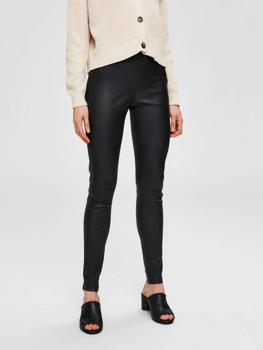 Leggings agneau en cuir black Selected Femme La Redoute
