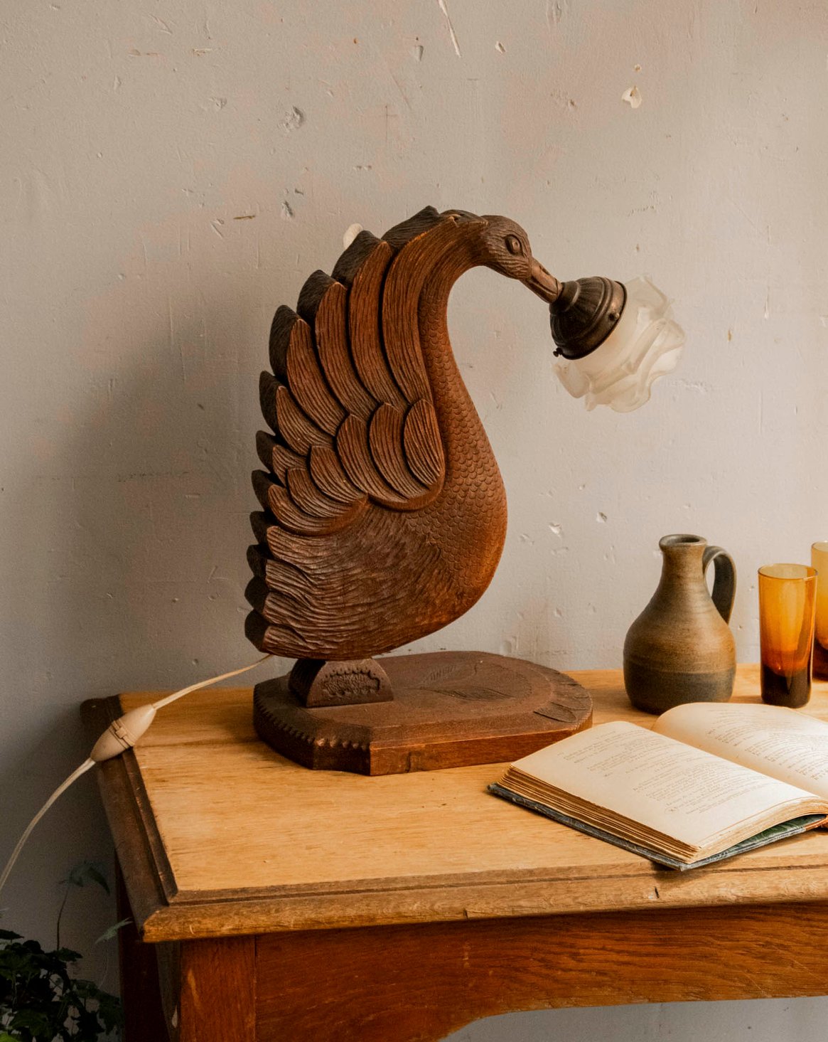 Lampe cygne en bois Suzanne N°554 - Bon état, DEBONGOUT