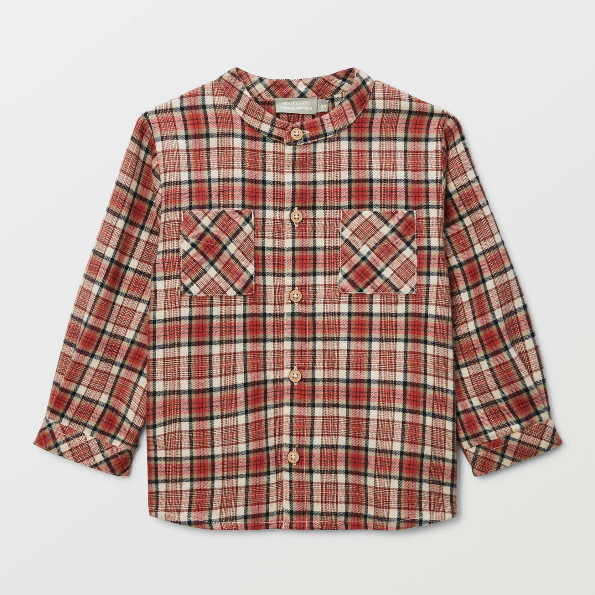 Chemise col mao à carreaux en coton BIO GOTS, BOUT'CHOU