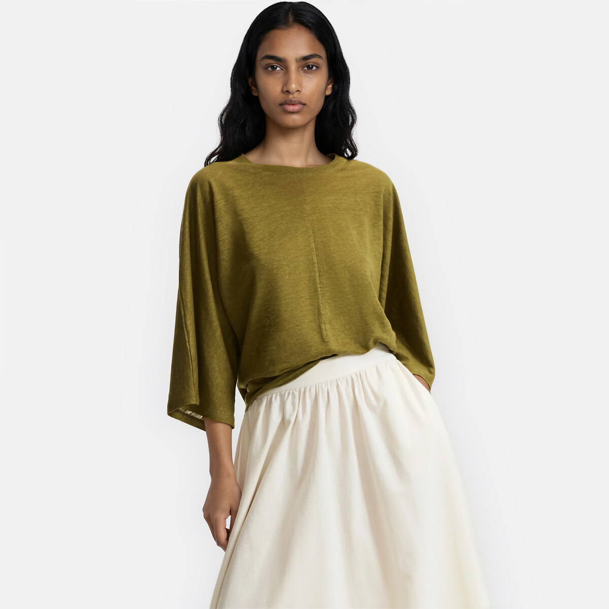 Linen Crew Neck Wide Sleeve T-Shirt, LA REDOUTE COLLECTIONS