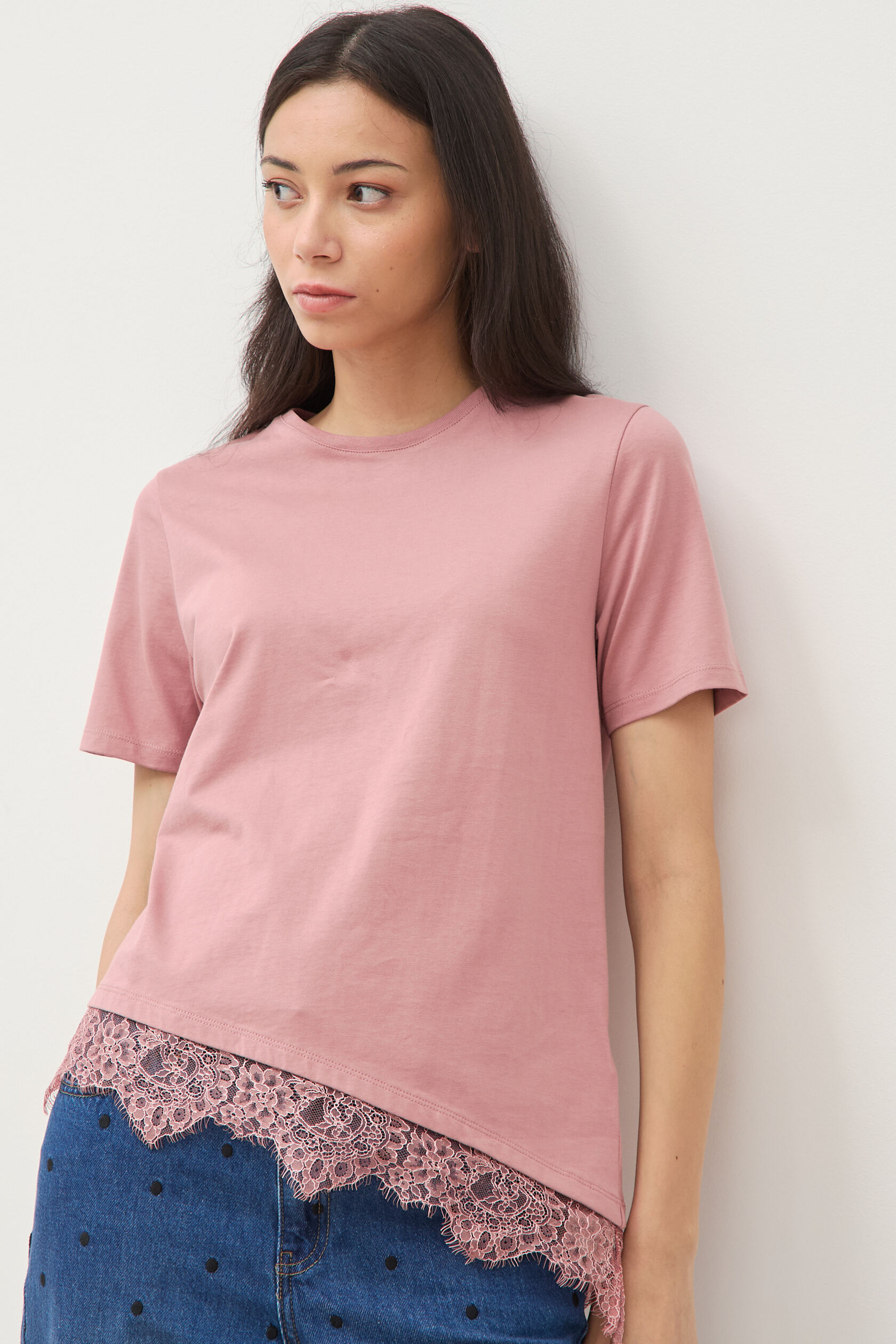 T-shirt droit col rond avec dentelle, BONOBO