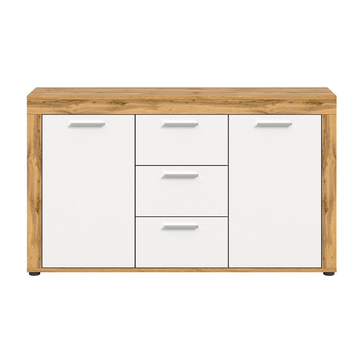 Buffet 2 portes et 3 tiroirs blanc et chêne wotan L125 cm - AOSTA, CALICOSY