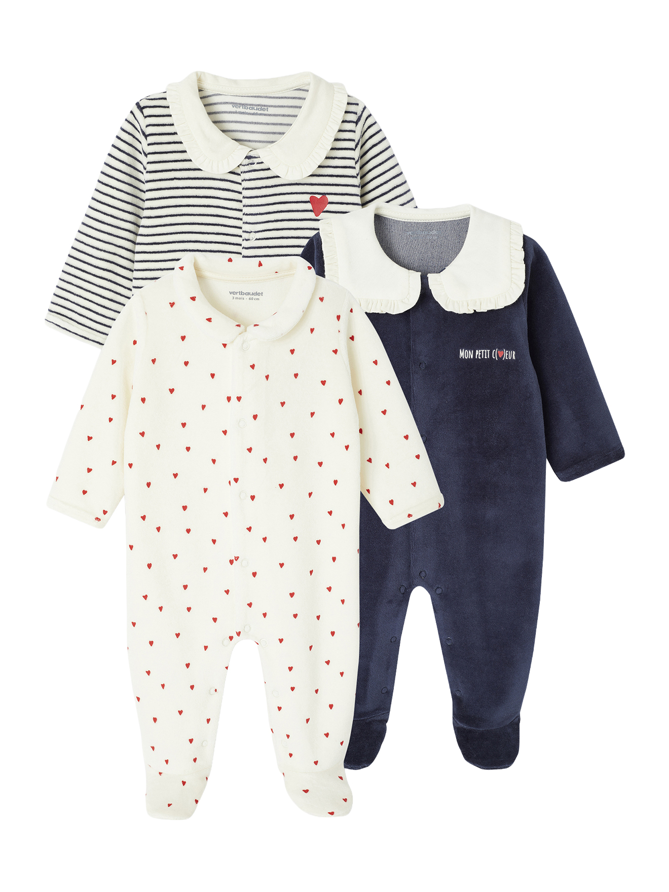 Lot de 3 dors-bien naissance "coeurs" en velours, VERTBAUDET