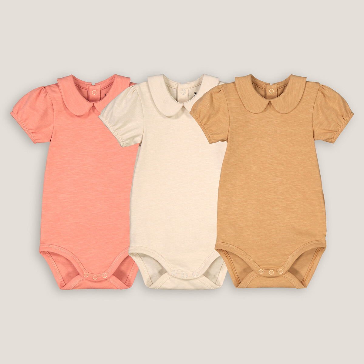 Pack of 3 Bodysuits in Cotton with Peter Pan Collar and Short Sleeves