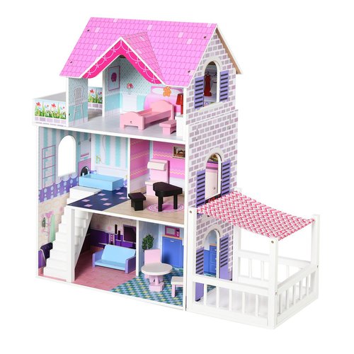 Maison de poupée en bois multi-équipements 3 niveaux escalier terrasses  rose Homcom