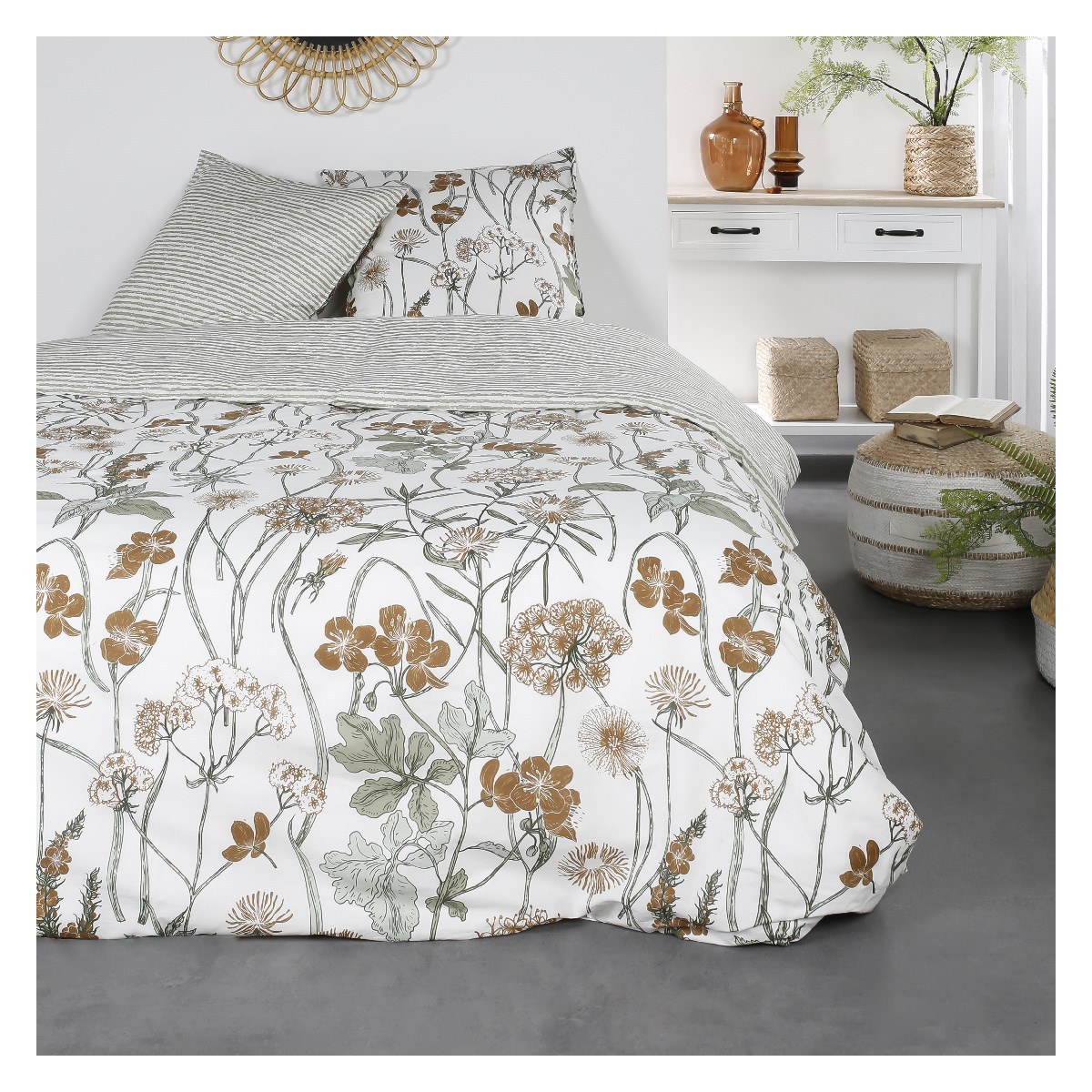 Parure De Lit 220x240cm Today Sunshine - Coton 57 Fils/cm² - Housse Couette + 2 Taies - Blanc Imprimé