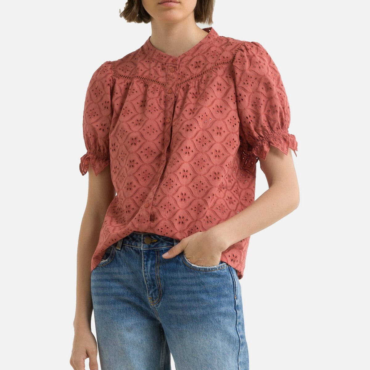 Birk Broderie Anglaise Blouse with Short Sleeves in Cotton