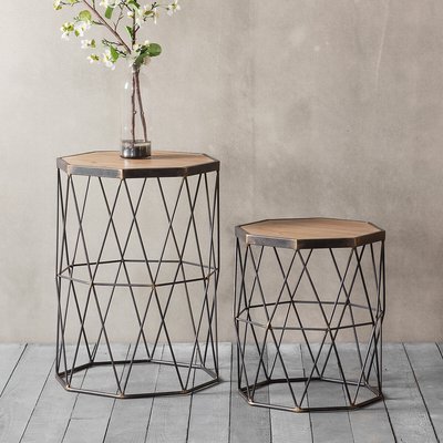Raisen Octagonal Wood & Metal Cage Side Tables (Set of 2) SO'HOME