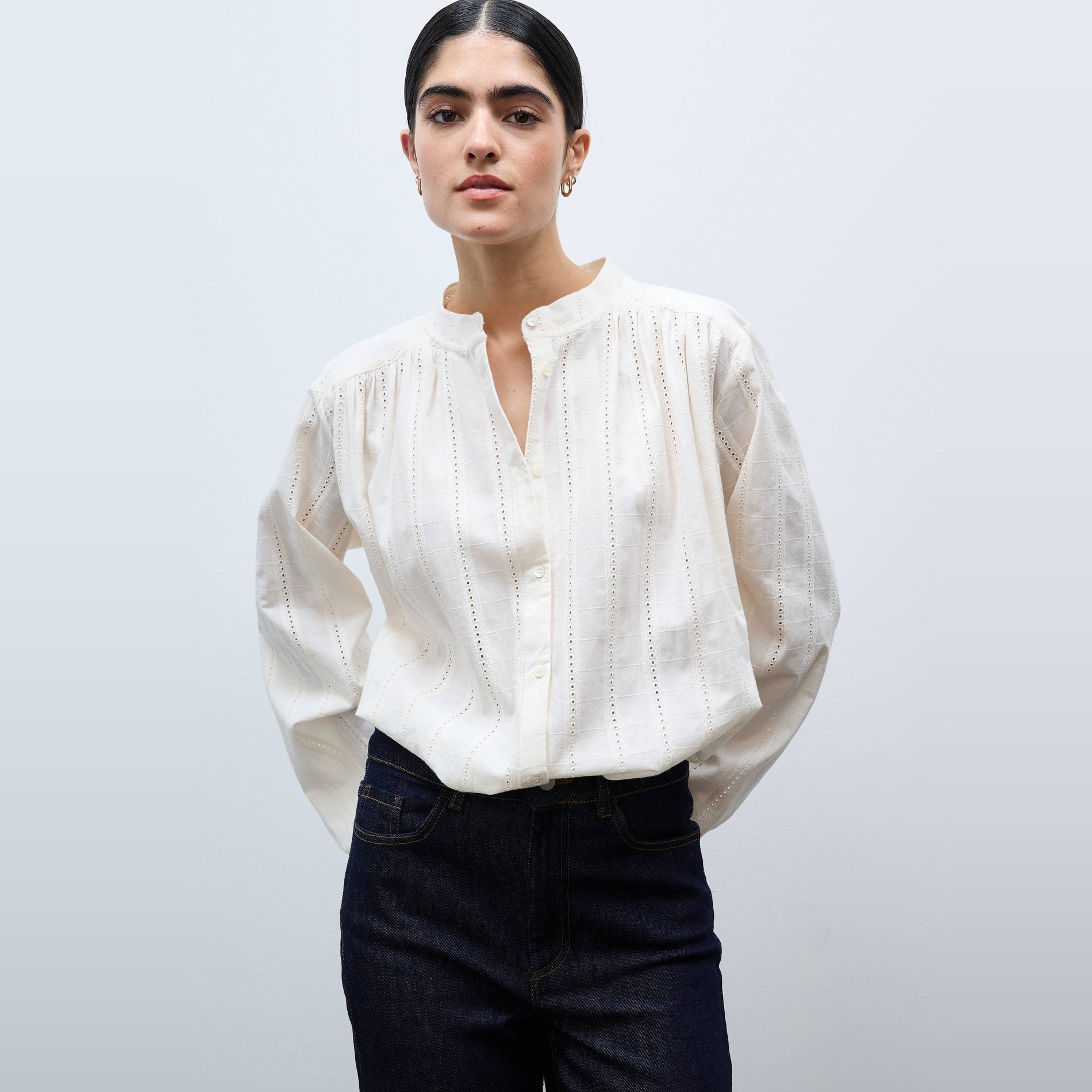 Blouse manches longues en dentelle en coton, MONOPRIX