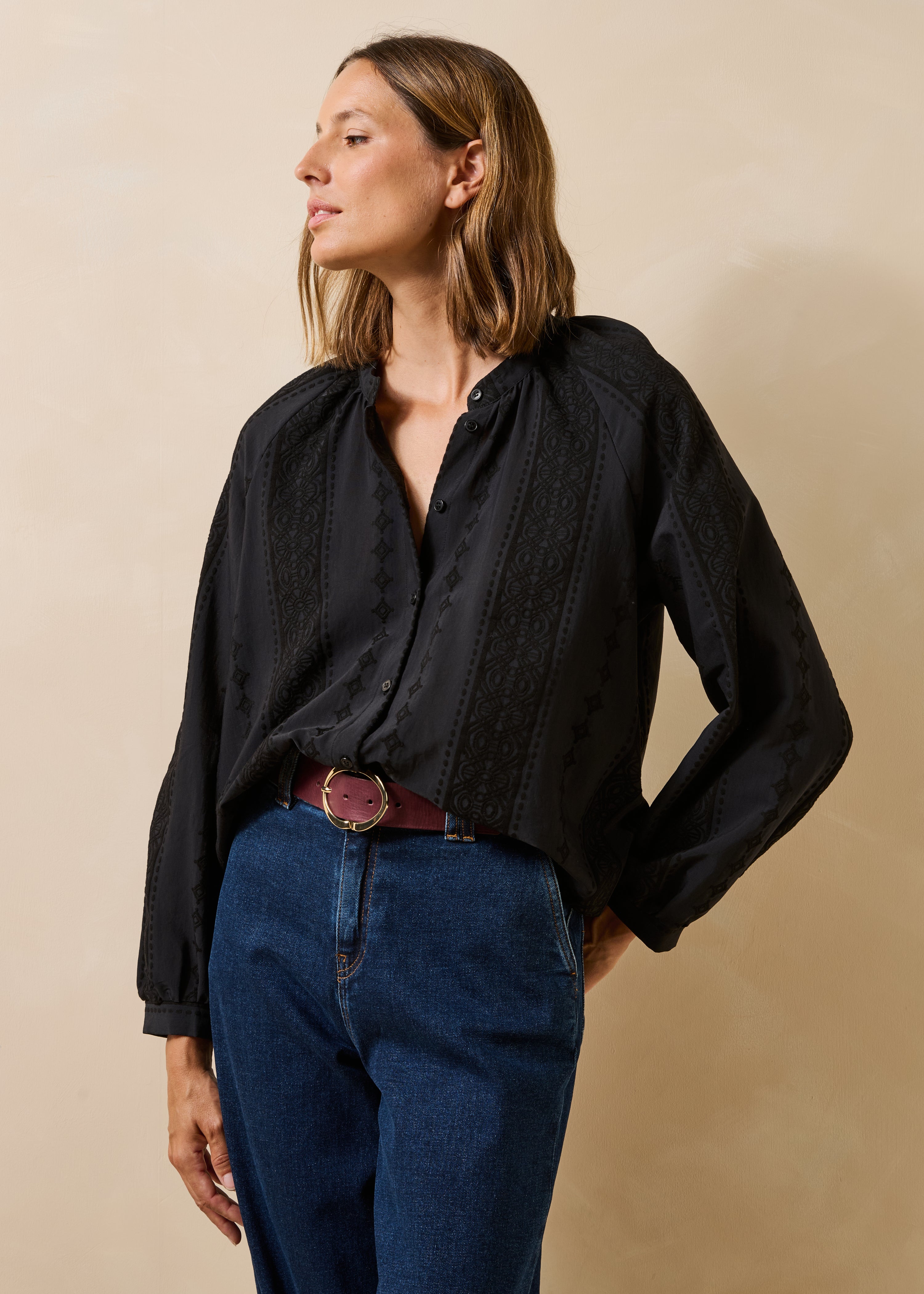 Chemise manches longues col rond en jacquard, LA FEE MARABOUTEE