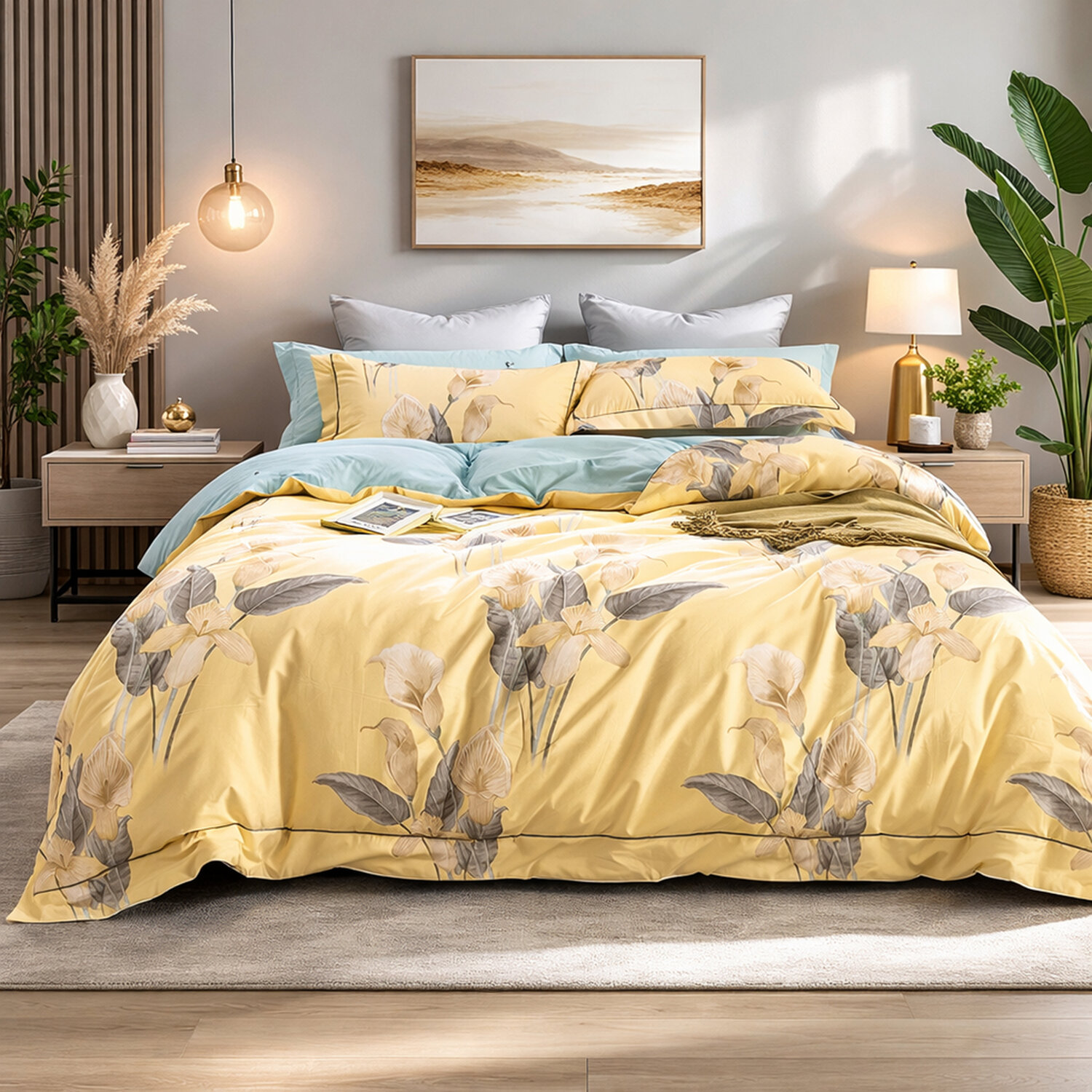 Parure house de couette en coton imprimé floral jaune soleil, Horia, C DESIGN HOME TEXTILE