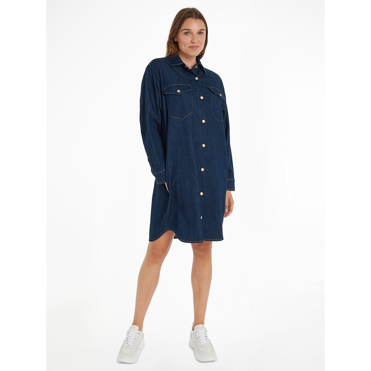 Mid-Length Shift Dress in Cotton Mix with Long Sleeves